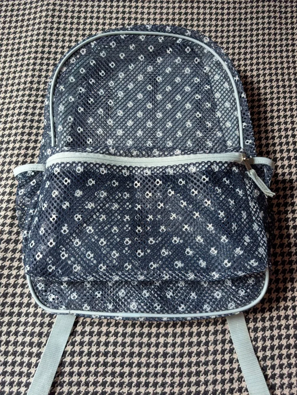 large navy blue, white, & light blue polka dot mesh see-through backpack